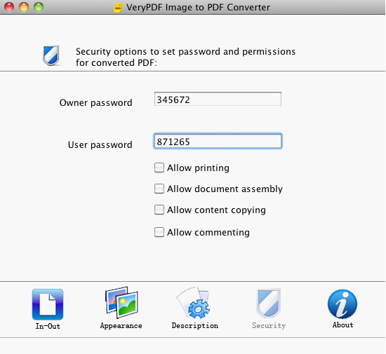 Panel of setting passwords of PDF